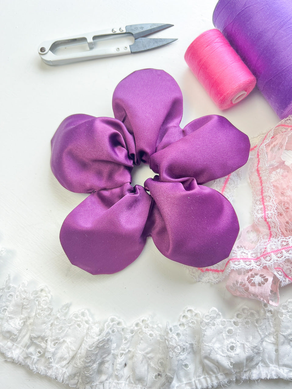 Purple Satin Oversize Flower Scrunchie