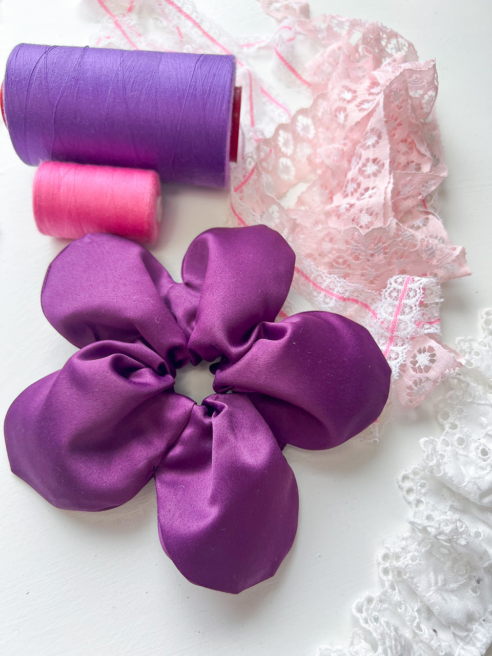 Purple Satin Oversize Flower Scrunchie