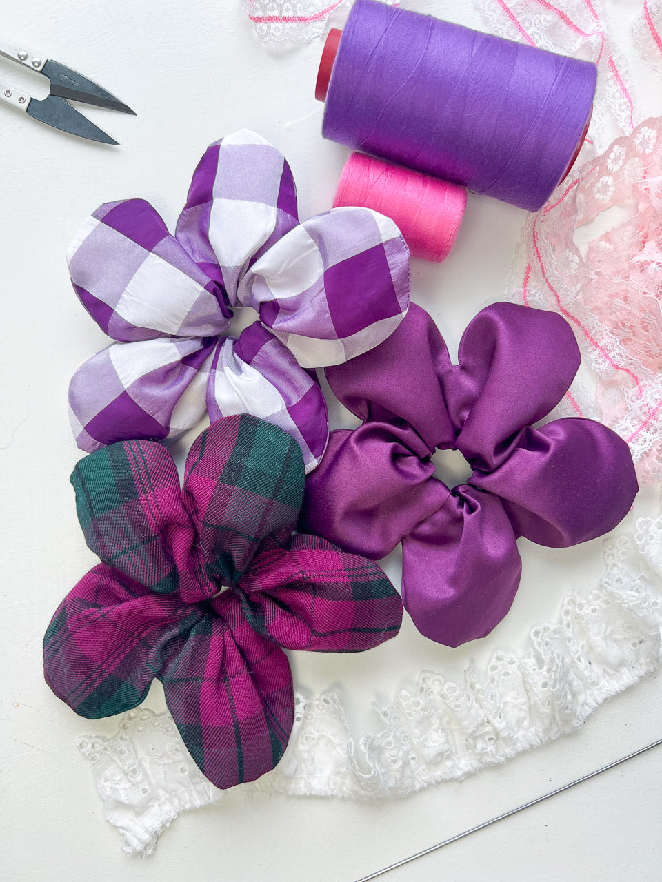 Purple Tartan Oversize Flower Scrunchie