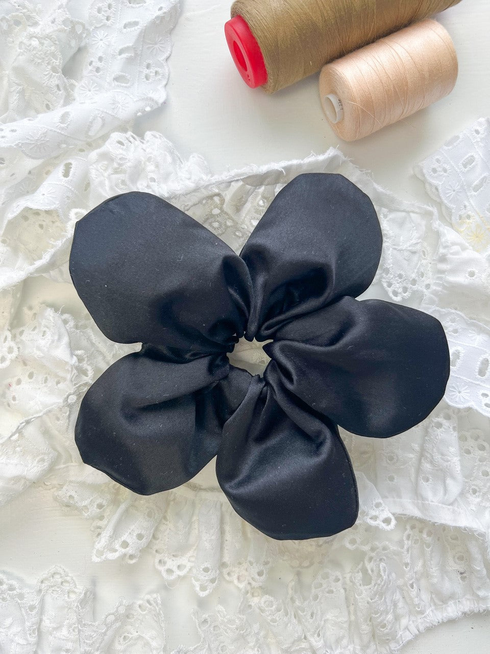 Black Satin Oversize Flower Scrunchie