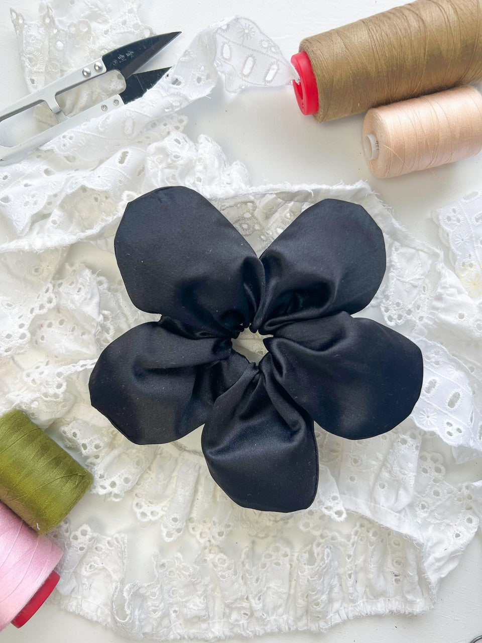 Black Satin Oversize Flower Scrunchie