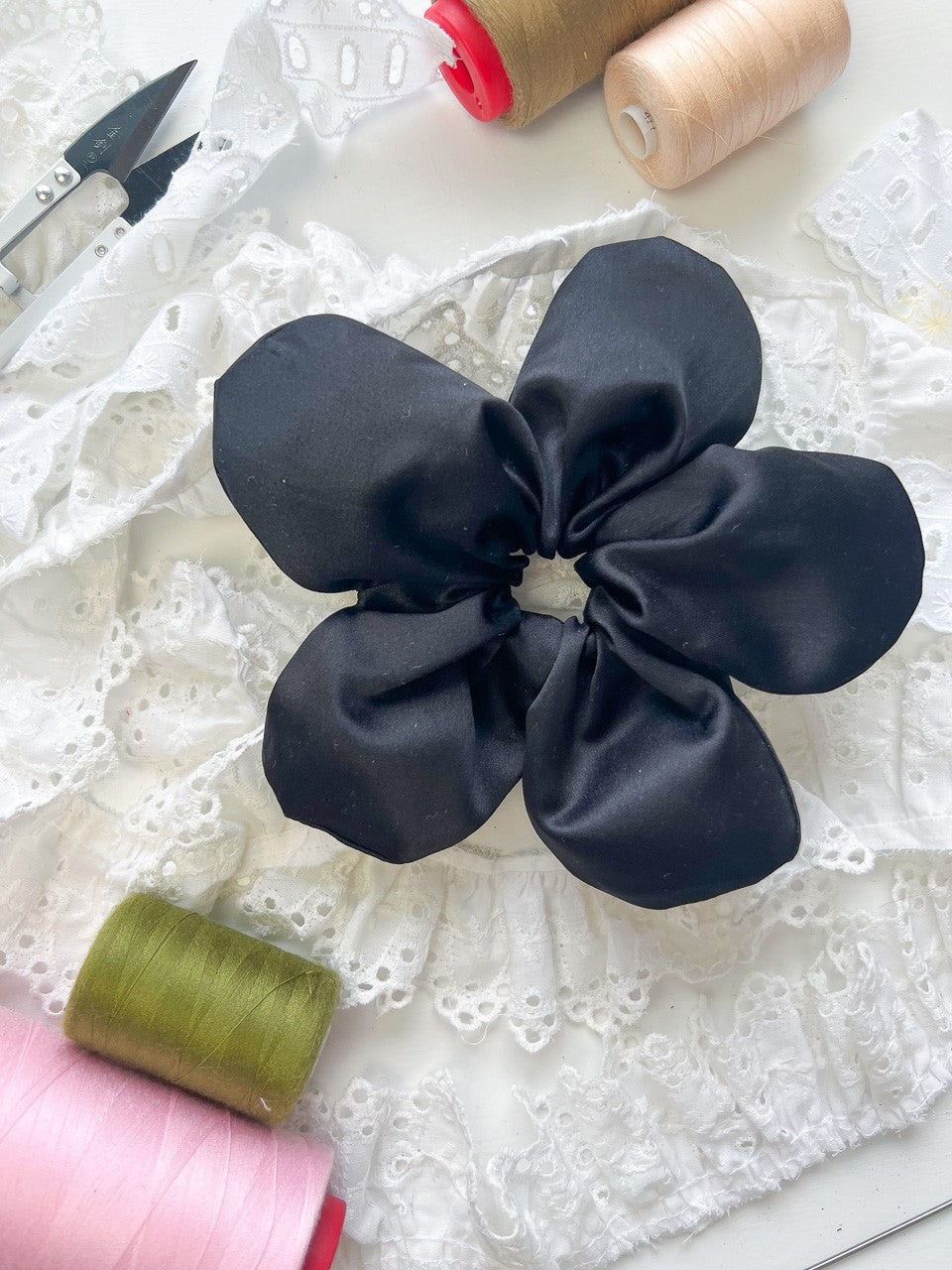 Black Satin Oversize Flower Scrunchie