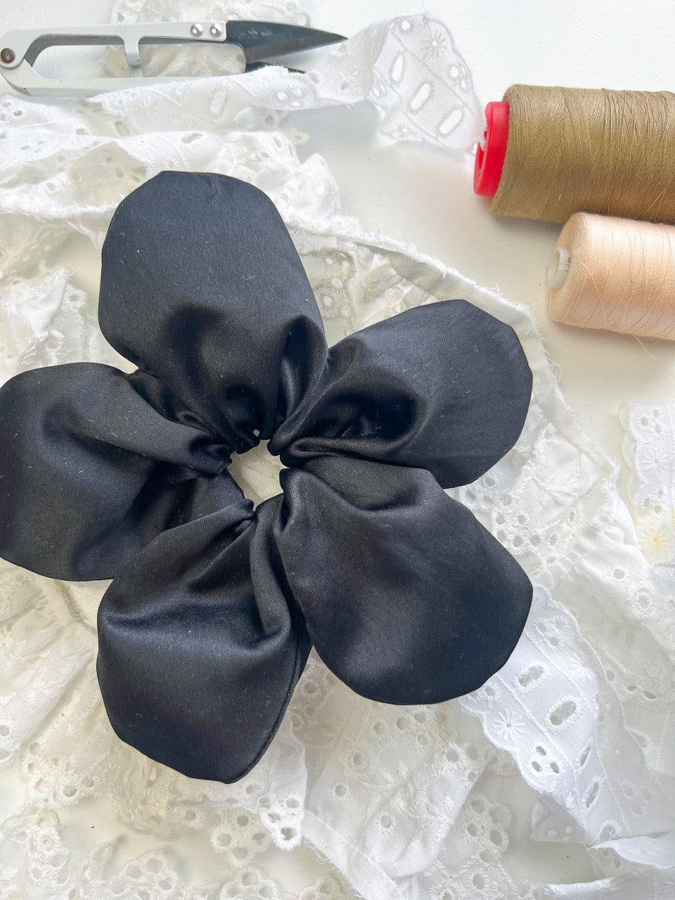 Black Satin Oversize Flower Scrunchie