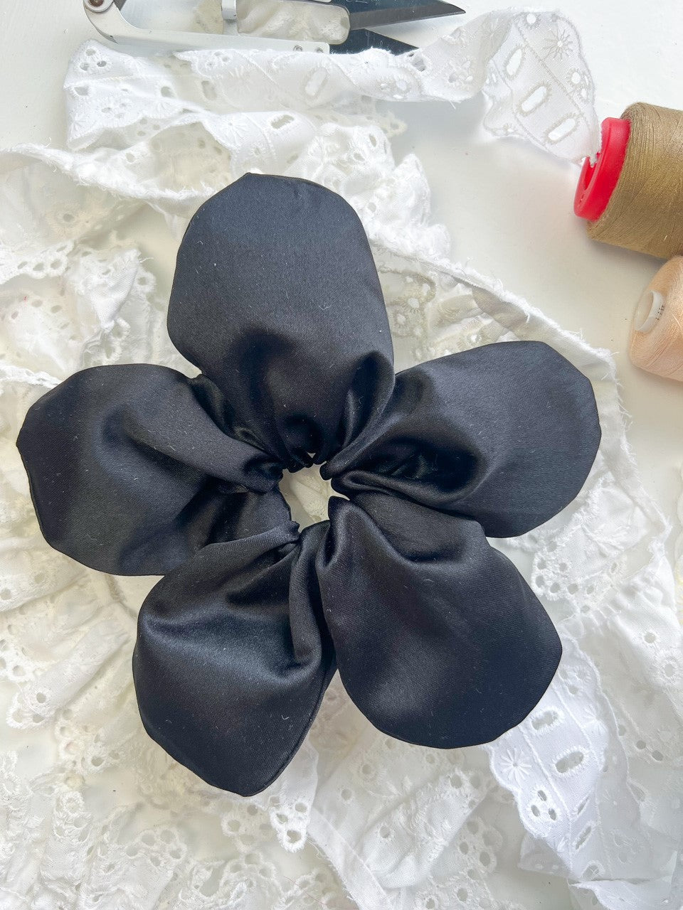 Black Satin Oversize Flower Scrunchie