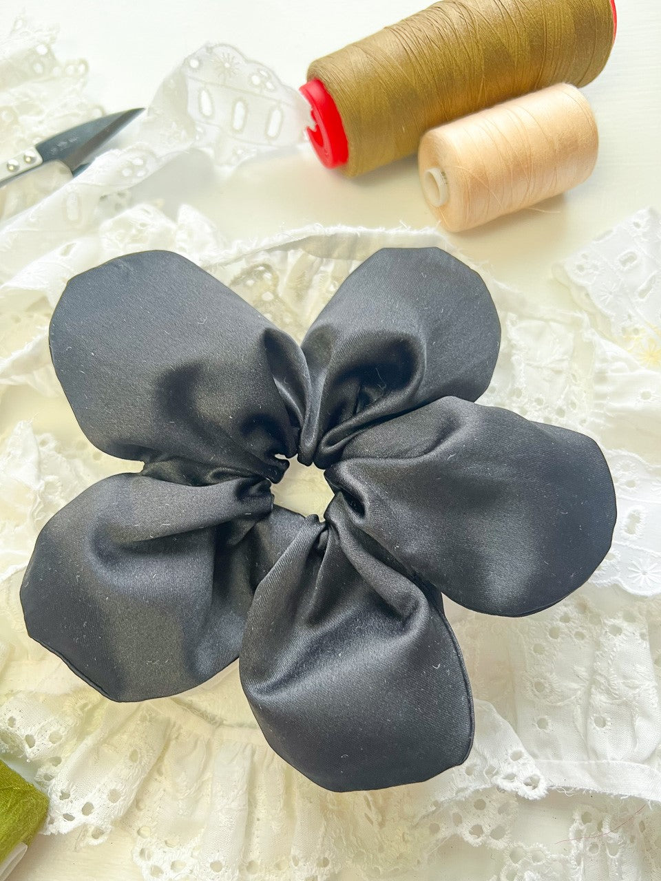 Black Satin Oversize Flower Scrunchie