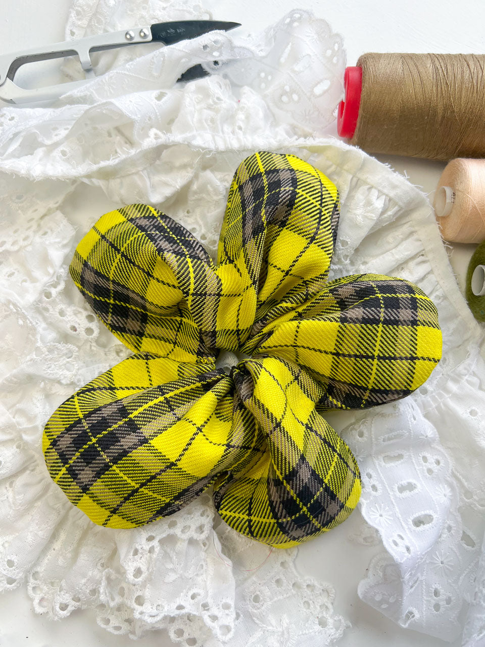 Yellow Tartan Oversize Flower Scrunchie