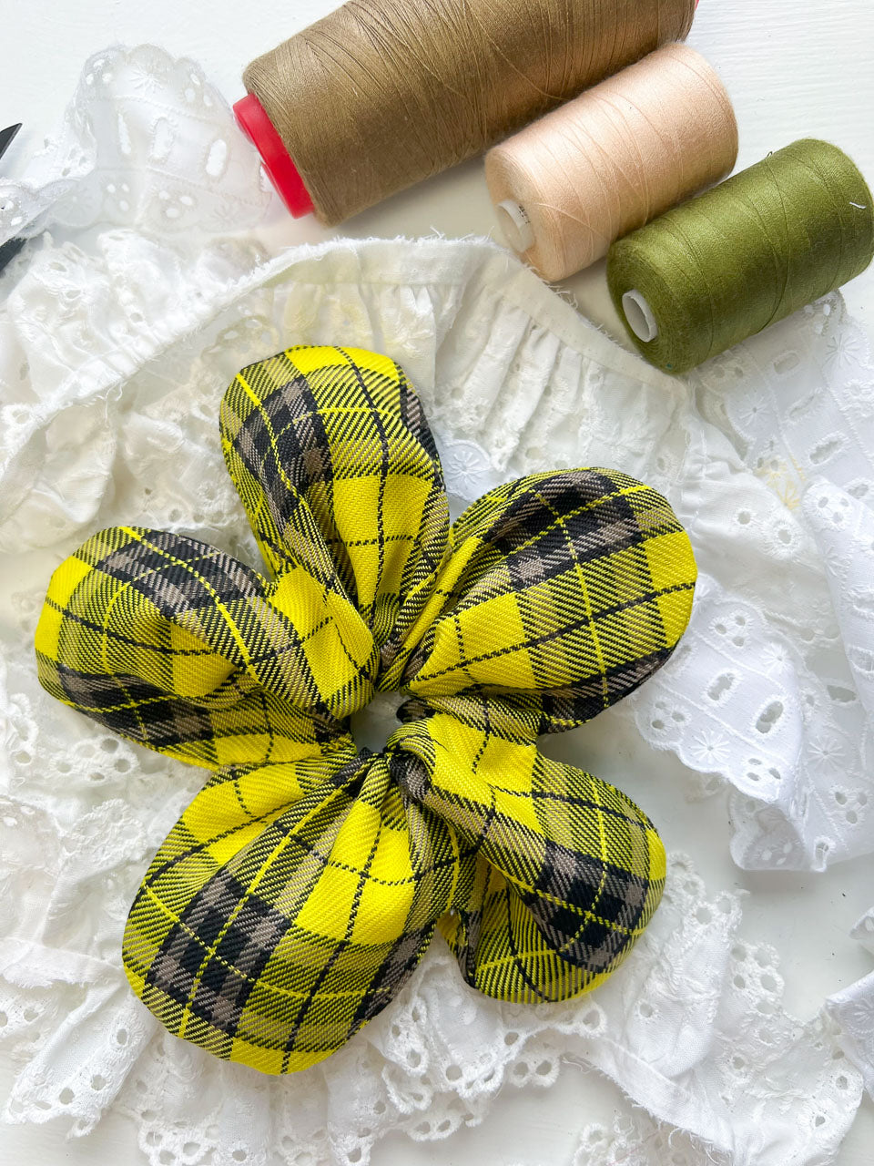 Yellow Tartan Oversize Flower Scrunchie