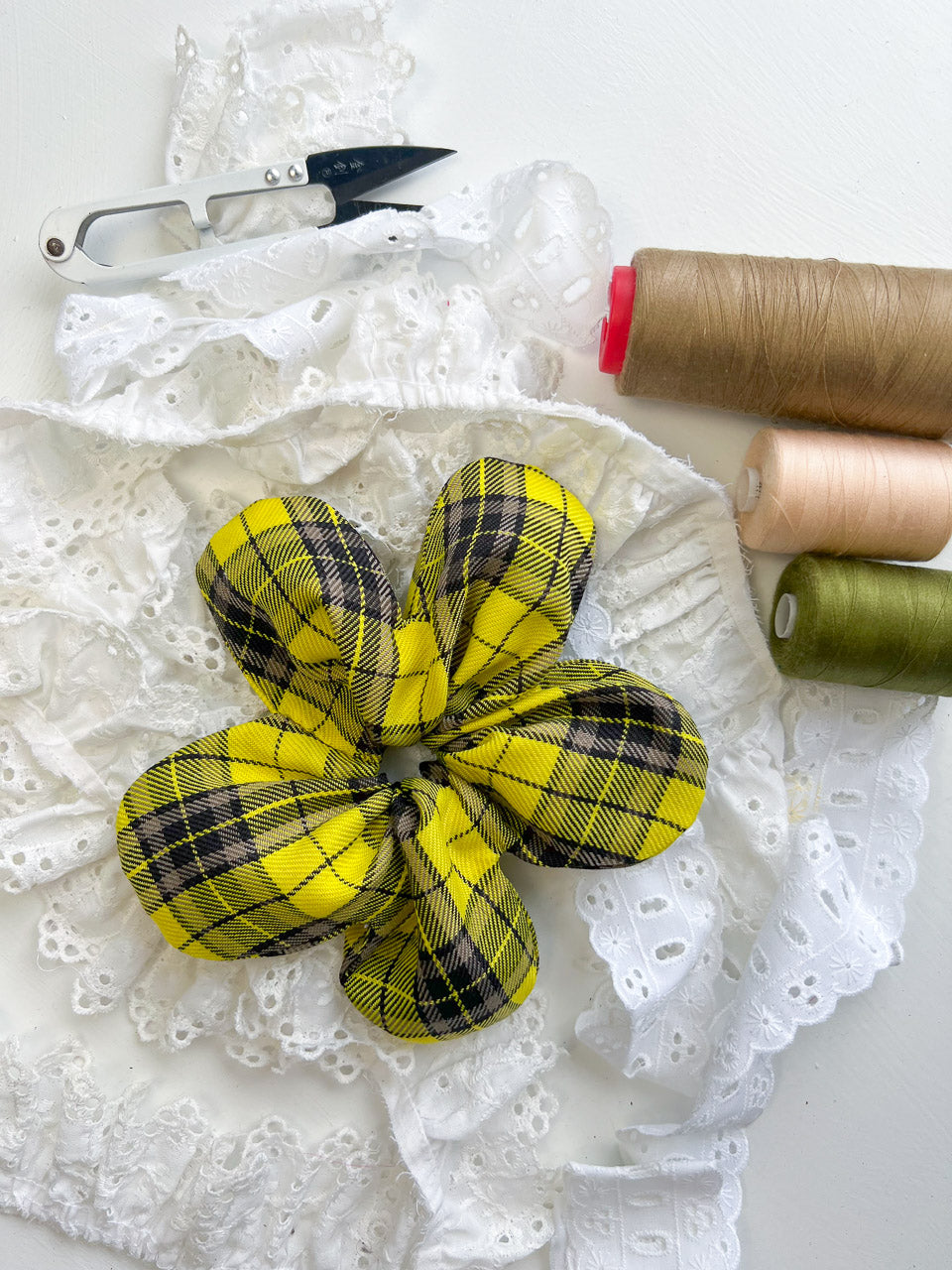 Yellow Tartan Oversize Flower Scrunchie