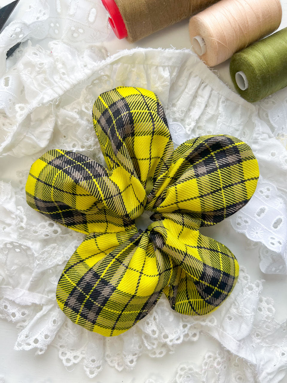 Yellow Tartan Oversize Flower Scrunchie