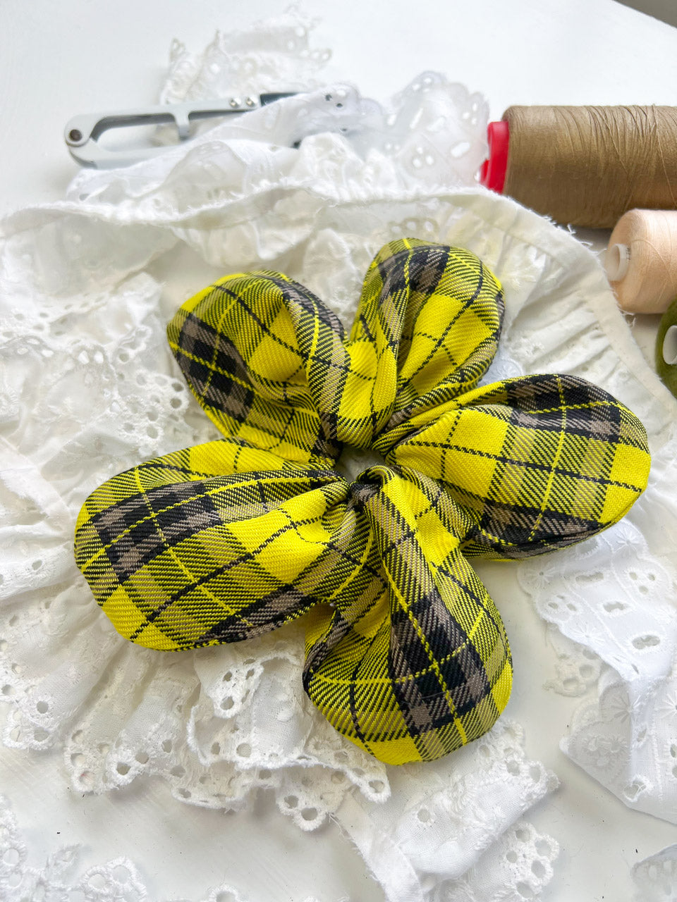 Yellow Tartan Oversize Flower Scrunchie