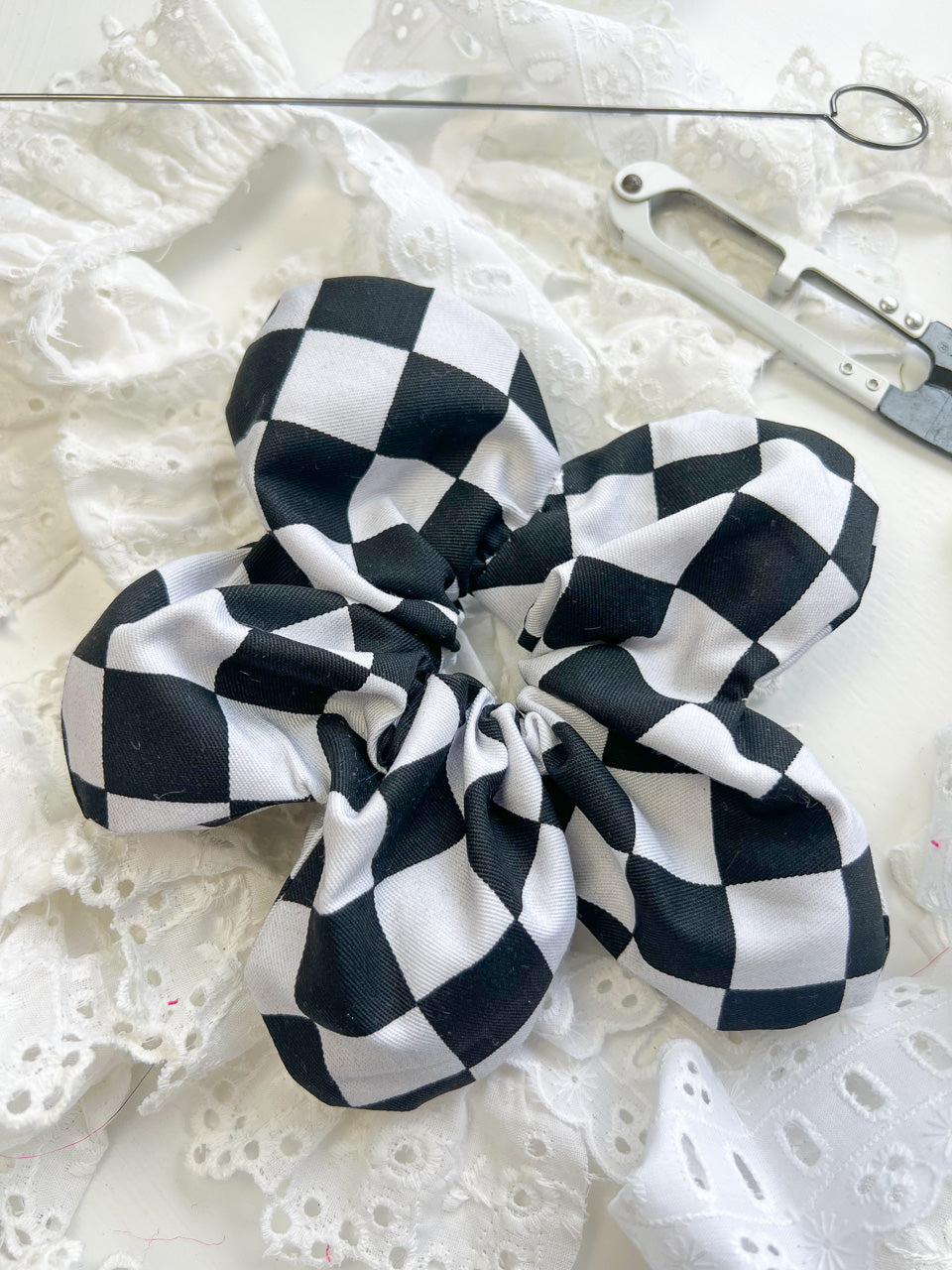 Checkerboard Oversize Flower Scrunchie