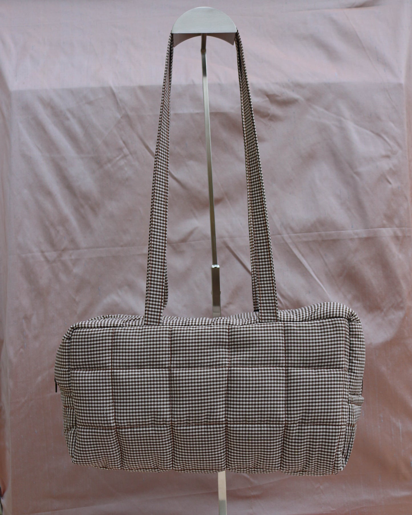 Brown micro gingham quilted bowler bag