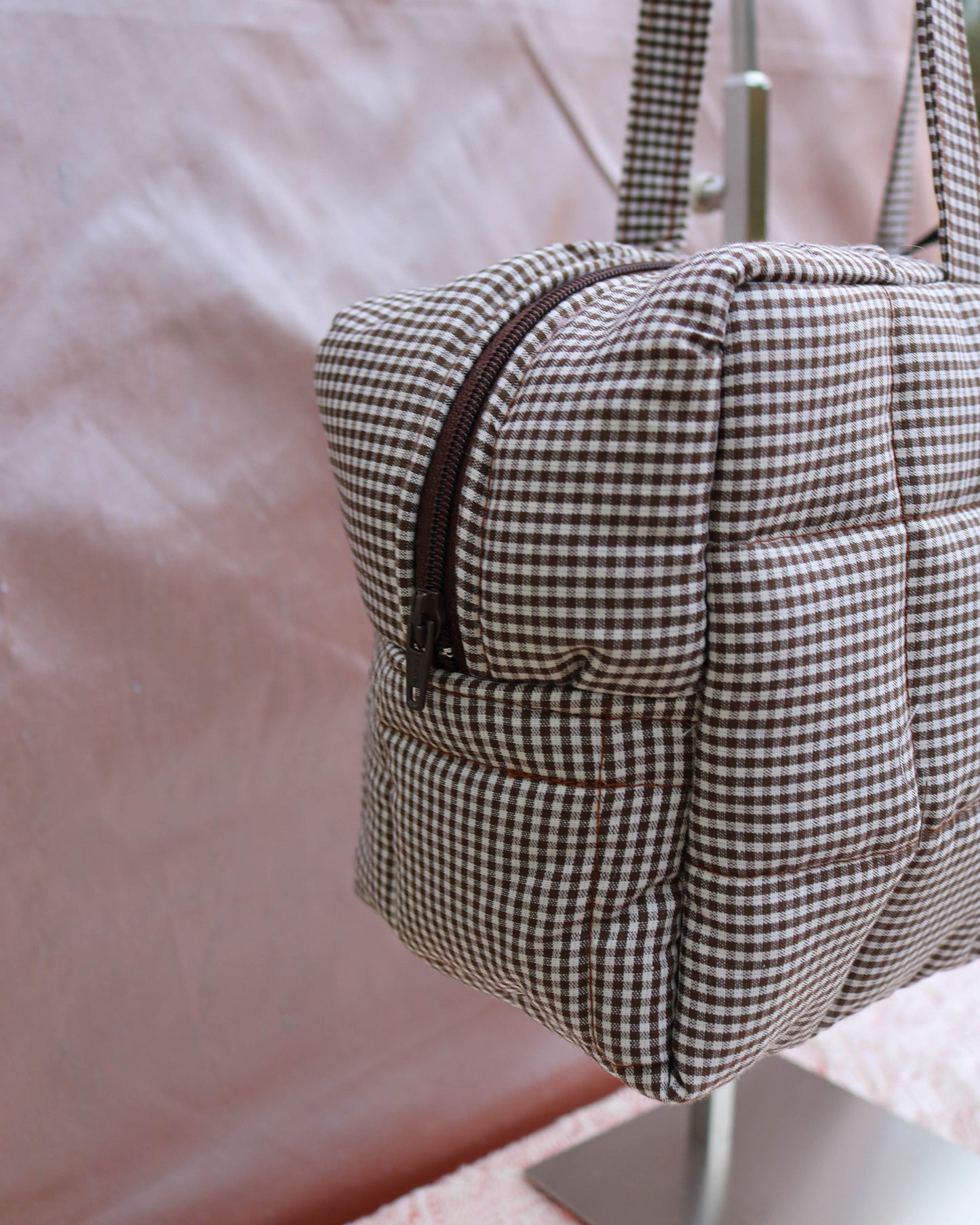 Brown micro gingham quilted bowler bag