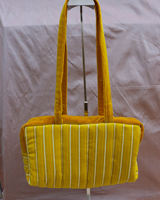 Yellow velvet quilted bowler bag