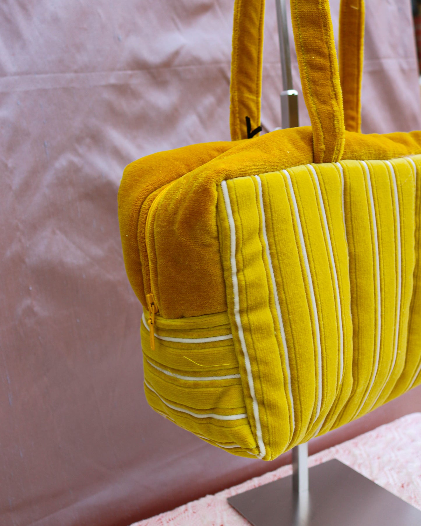 Yellow velvet quilted bowler bag