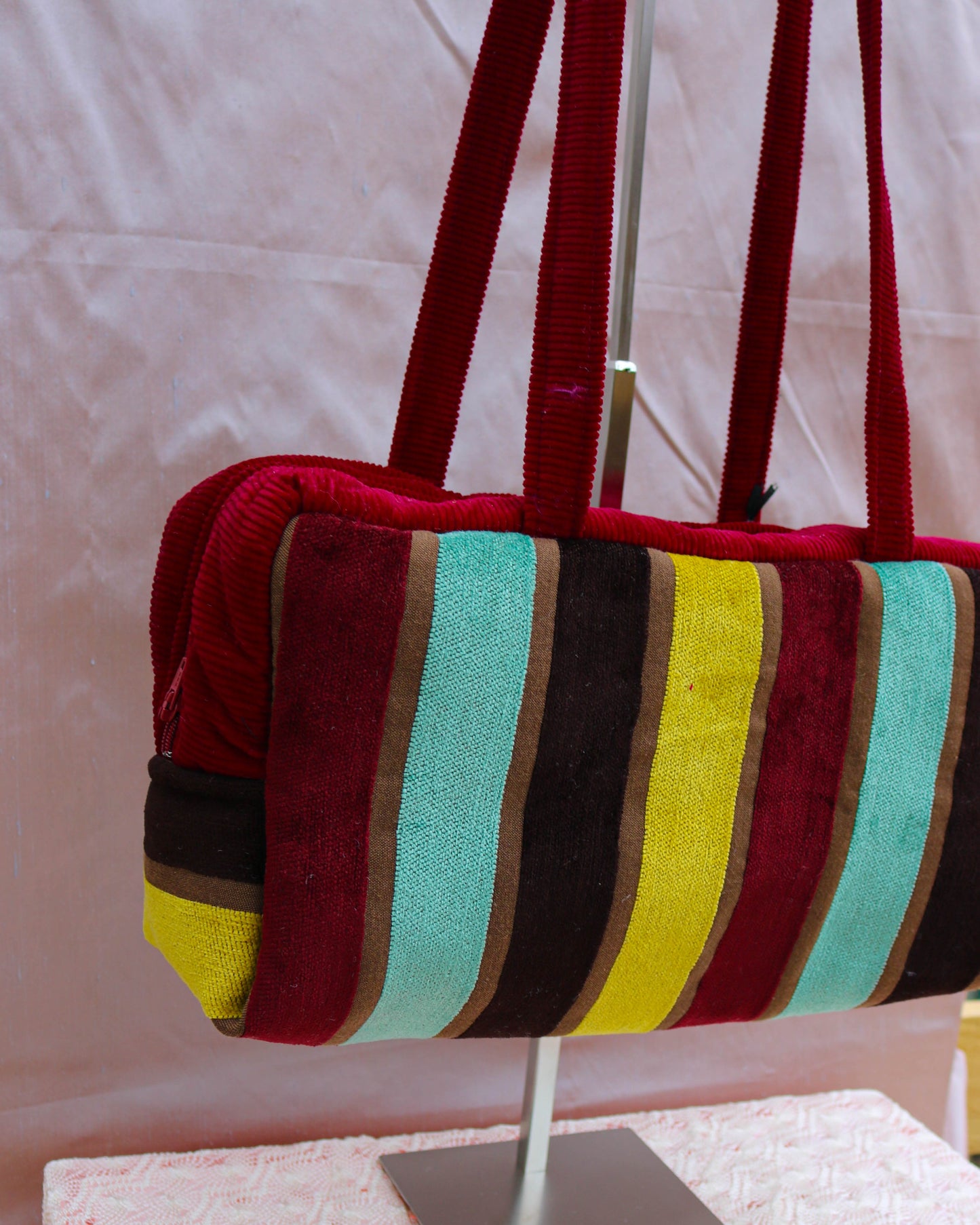 Stripe velvet quilted bowler bag