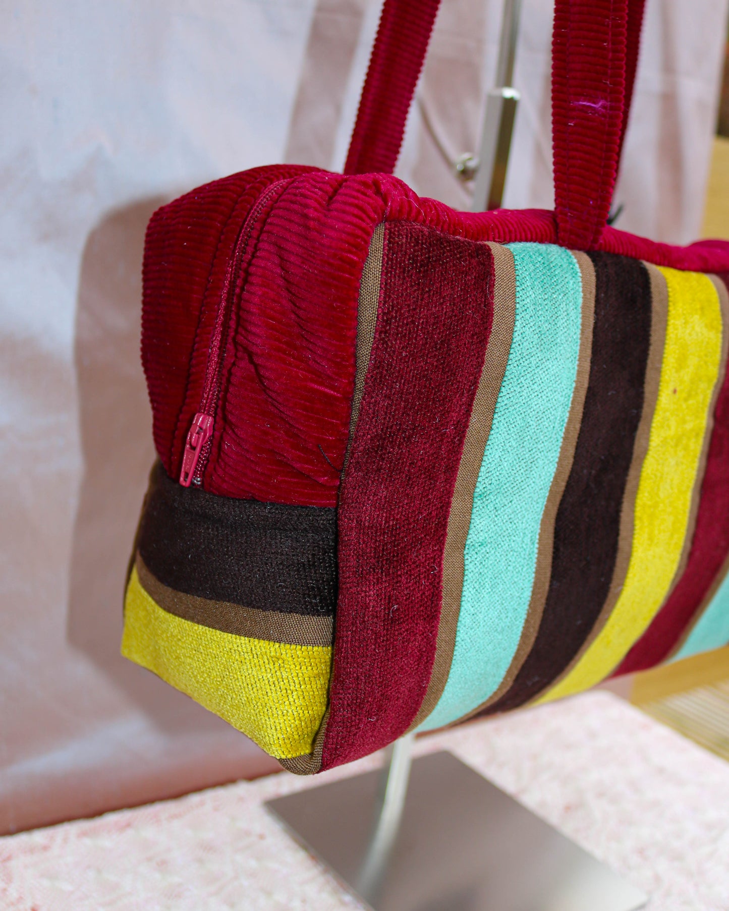 Stripe velvet quilted bowler bag